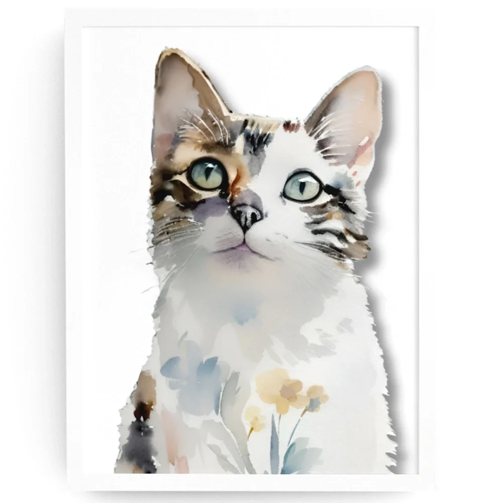 Watercolor Cat With Flowers Portrait Wall Art Illustration Print Poster Unframed - Picture 1 of 6